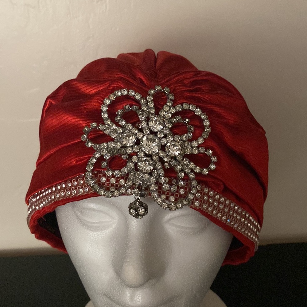 Vintage Red Satin Rhinestone Turban